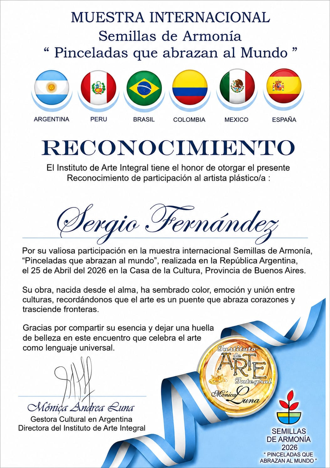 Reconocimiento de participación a Sergio Fernández en Buenos Aires, Argentina, 2026