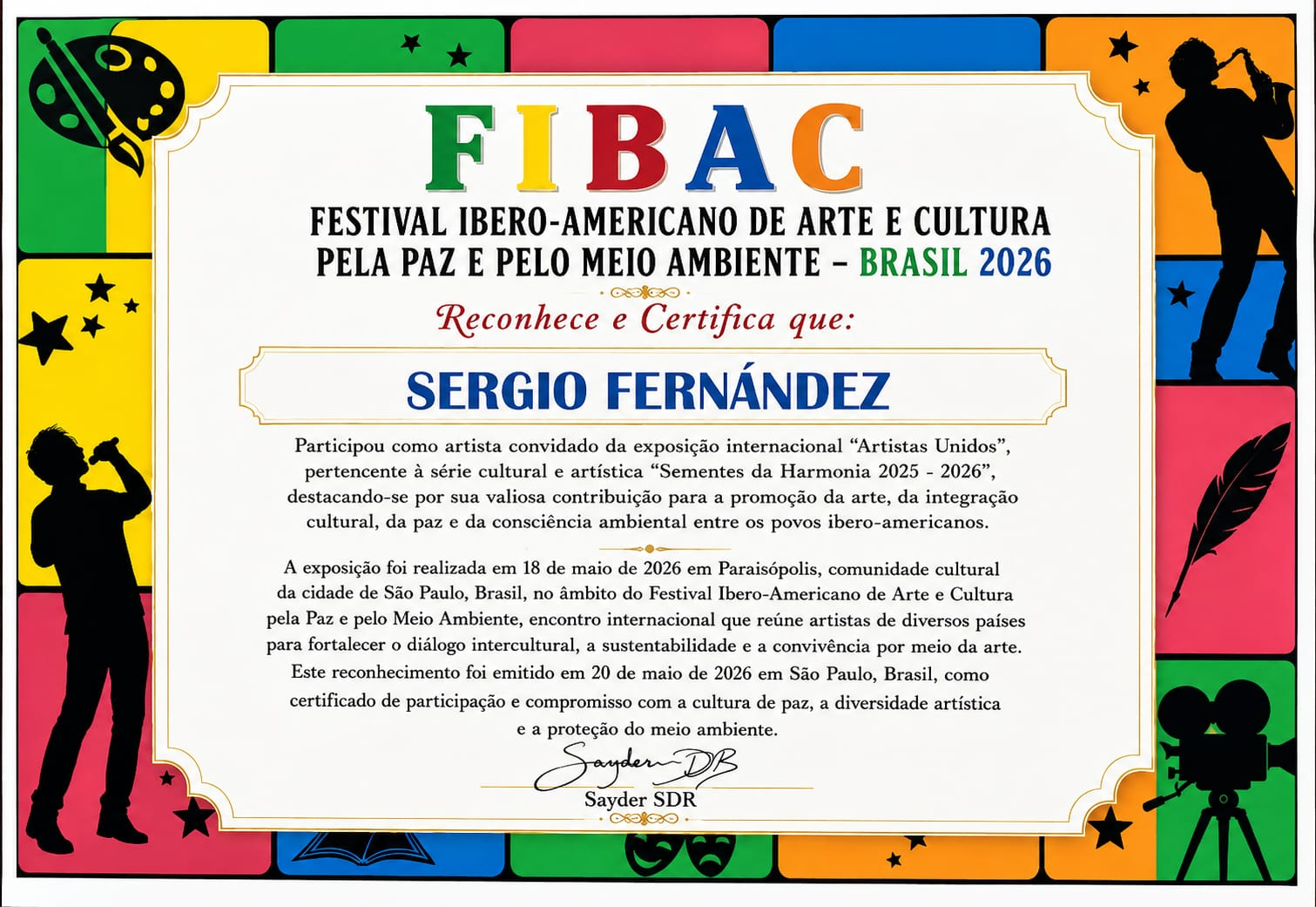 Certificado del Festival Ibero-Americano de Arte y Cultura en Brasil para Sergio Fernández, 2026