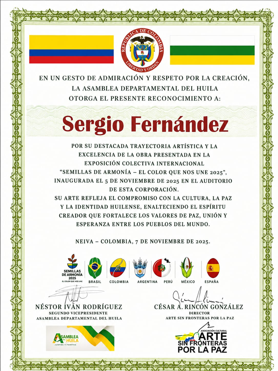 Reconocimiento a Sergio Fernández de la Asamblea Departamental del Huila, Colombia, 2025
