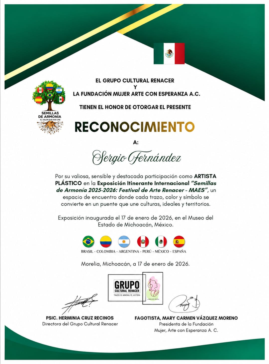 Reconocimiento a Sergio Fernández por Semillas de Armonía en México, 2026