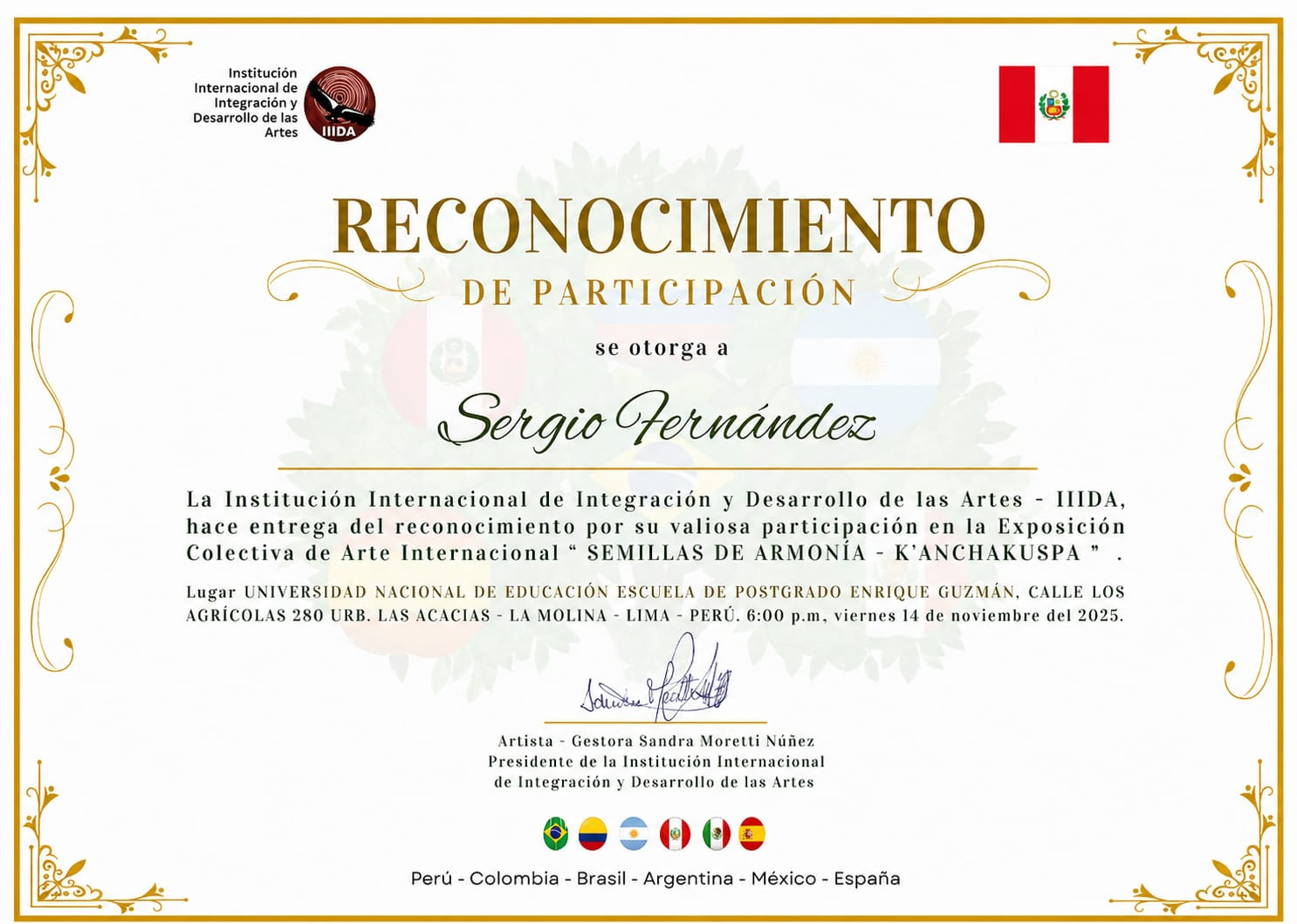 Reconocimiento de participación a Sergio Fernández en Lima, Perú, 2025