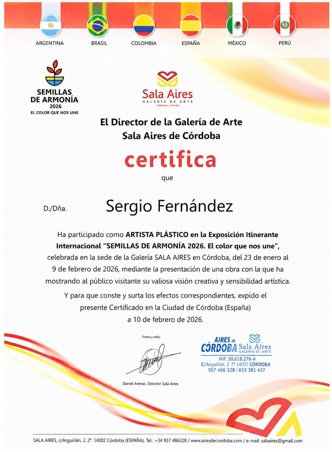 Certificado de participación de Sergio Fernández en Sala Aires de Córdoba, España, 2026